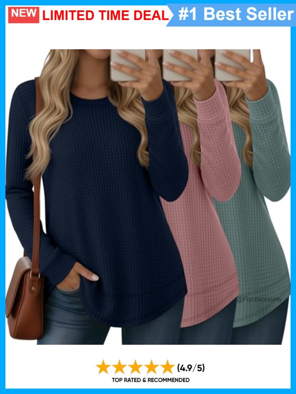 WaffleKnit Long Sleeve Crewneck Sweatshirt 3 Pack Loose Fit